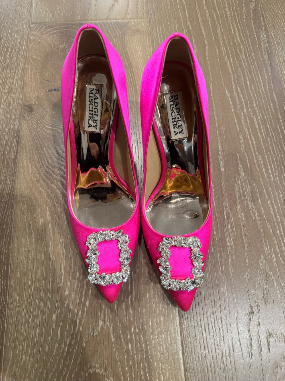 Badgley Mischka Hot Pink Satin Pointed Toe Heels with Crystal Buckle - Picture 1 of 2